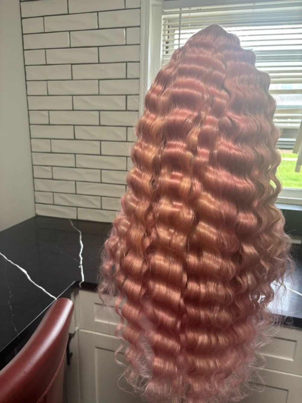 Human Hair Lace Front Wig- Long Wavy Pink Blonde Unit - Picture 2 of 8